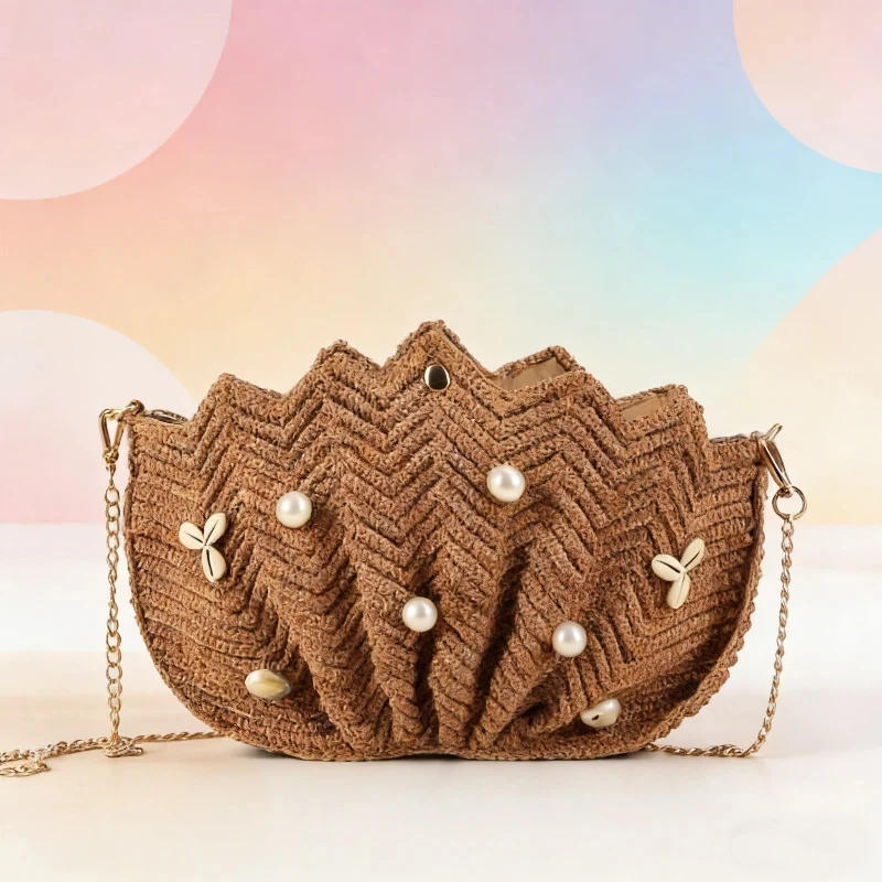 

Плетеная сумка-кроссбоди из ротанга с жемчужным декором, летняя пляжная соломенная сумка через плечо, легкая женская сумка в богемном стиле для отпуска с цепочкой