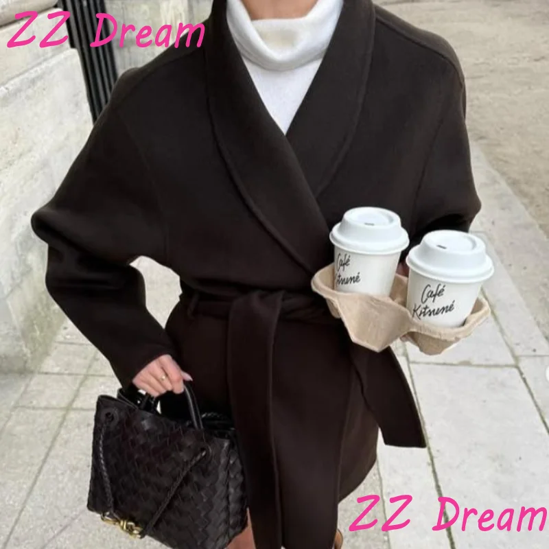 

Vintage Loose Cardigan For Women Casual V-Neck Long Sleeve With Belt Brown Coats 2025 New Lady Solid Street Outwear