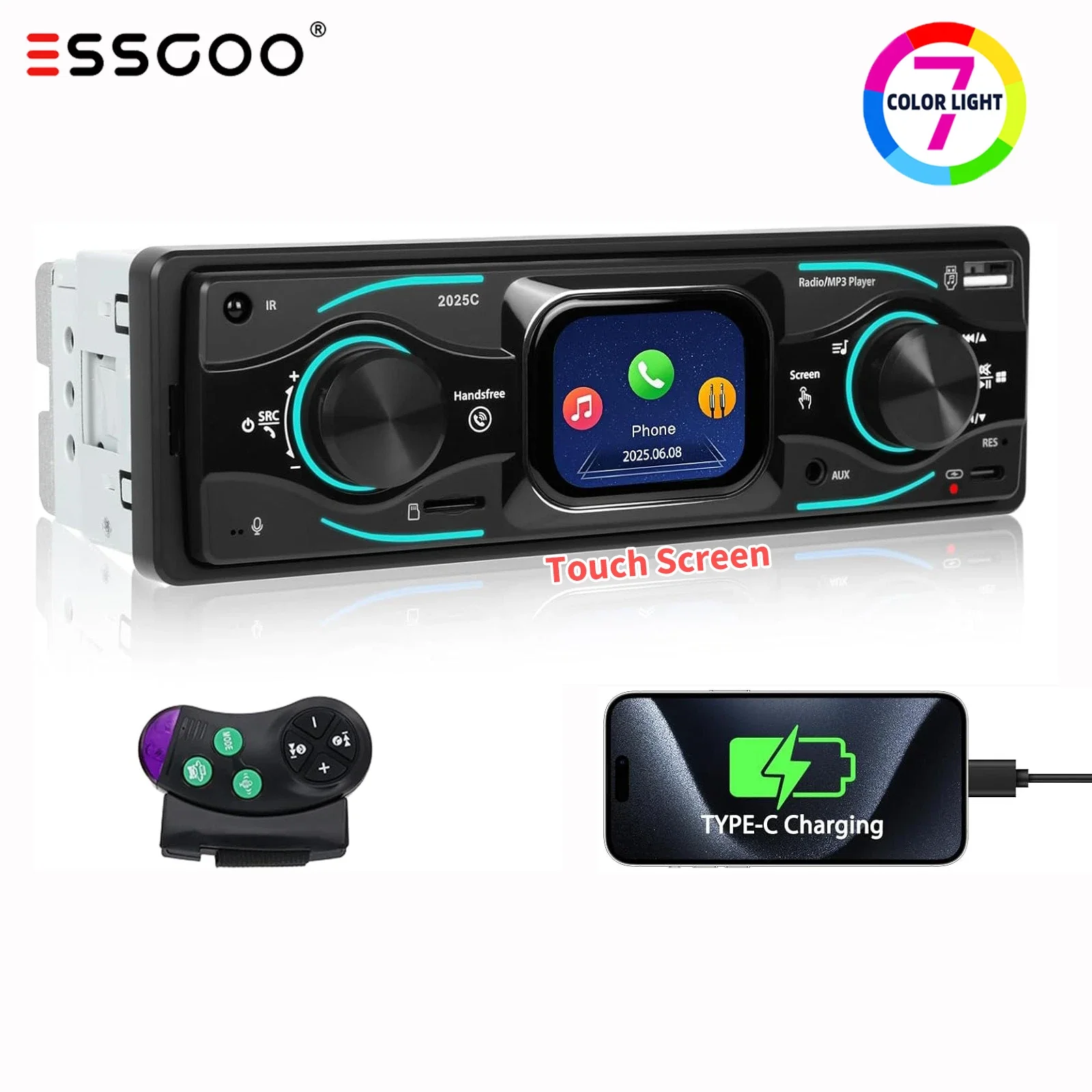 ESSGOO 2,17 "1 din Radio de coche reproductor estéreo pantalla táctil Bluetooth6.0 reproductor de MP3 para coche Radio FM Audio estéreo música USB/SD entrada auxiliar