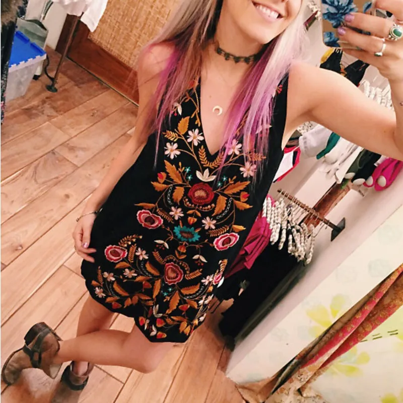 فستان قصير عتيق من الأغنية الشعبية فستان نسائي رائع مطرز للحديقة بجيوب جانبية وفتحة رقبة على شكل حرف v فساتين صيفية مثيرة للشاطئ 2025