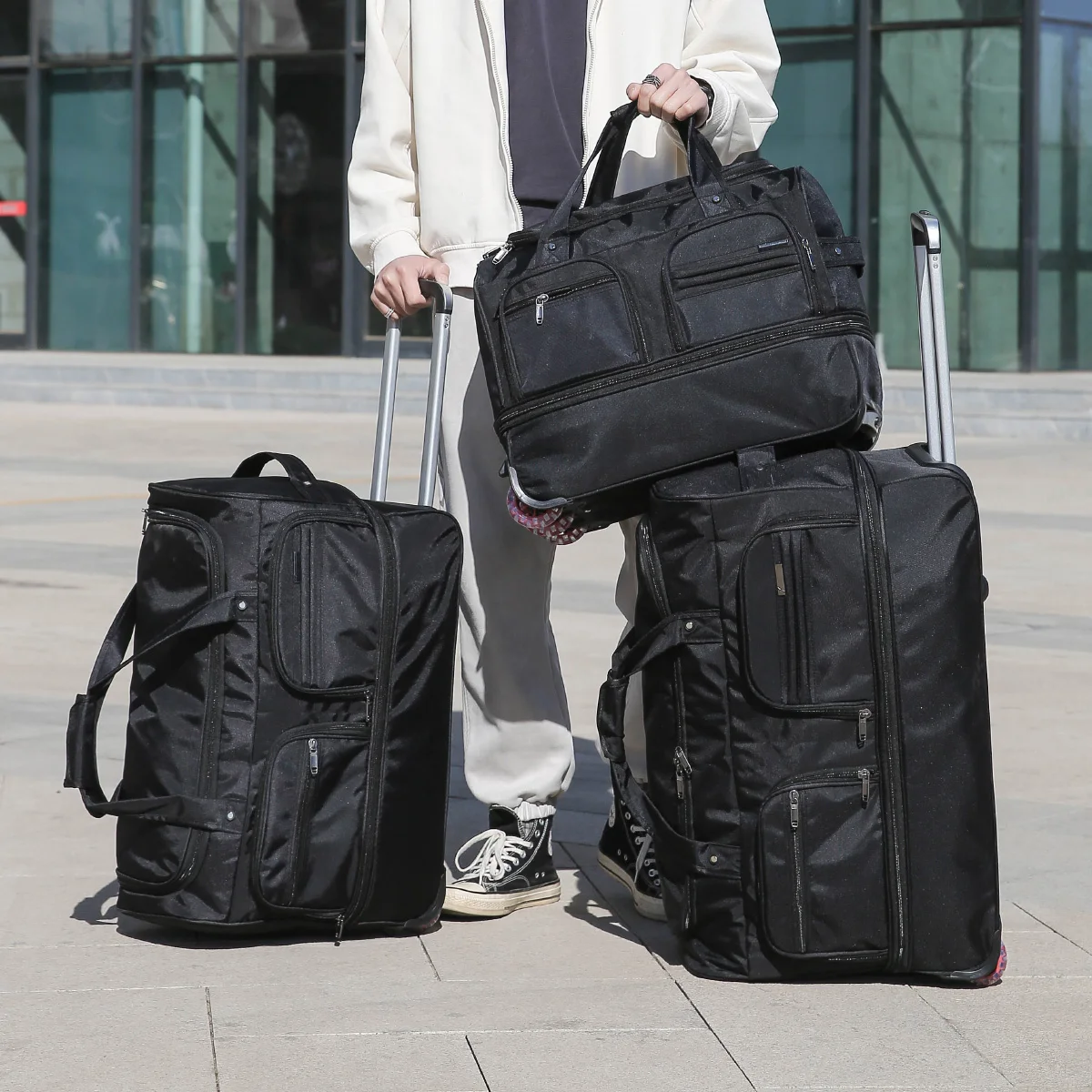 حقيبة فحص الطيران قابلة للطي في الخارج حقيبة أمتعة متحركة مع عربة أمتعة سفر المتداول حقيبة تخزين السفر حقيبة الأمتعة للرجال سعة كبيرة جدًا