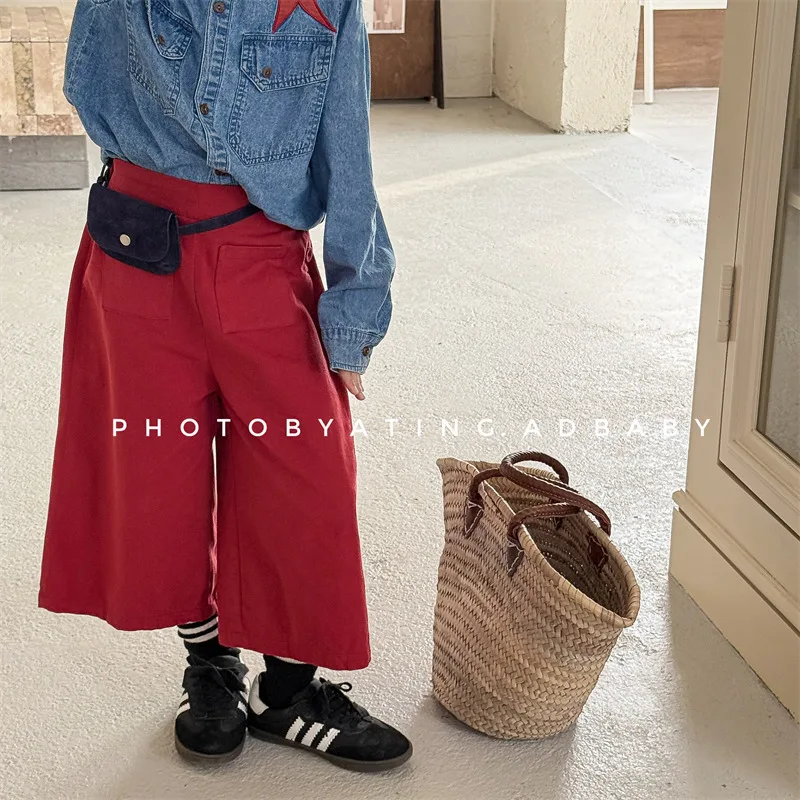 

2025 Autumn New Children Casual Pants Cotton Girls Solid Wide Leg Pants Toddler Loose Trousers Kids Versatile Cropped Pants
