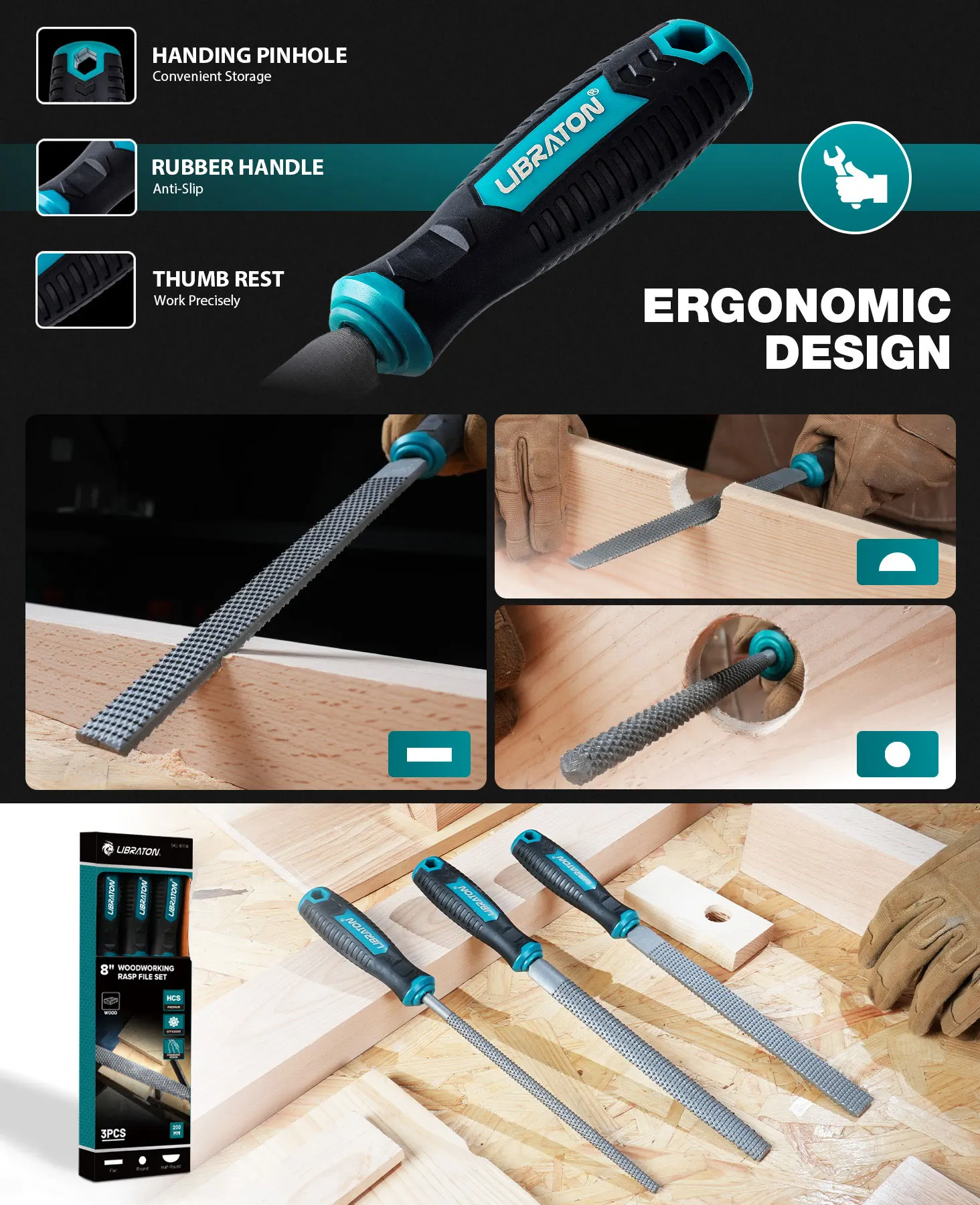 LIBRATON 3-teiliges Holzraspelsatz, 8 Zoll, mehrförmiger Holzfeilensatz, Holzbearbeitungsraspelsatz aus Kohlenstoffstahl für Heimwerker-Holzbearbeitung – Detail 2
