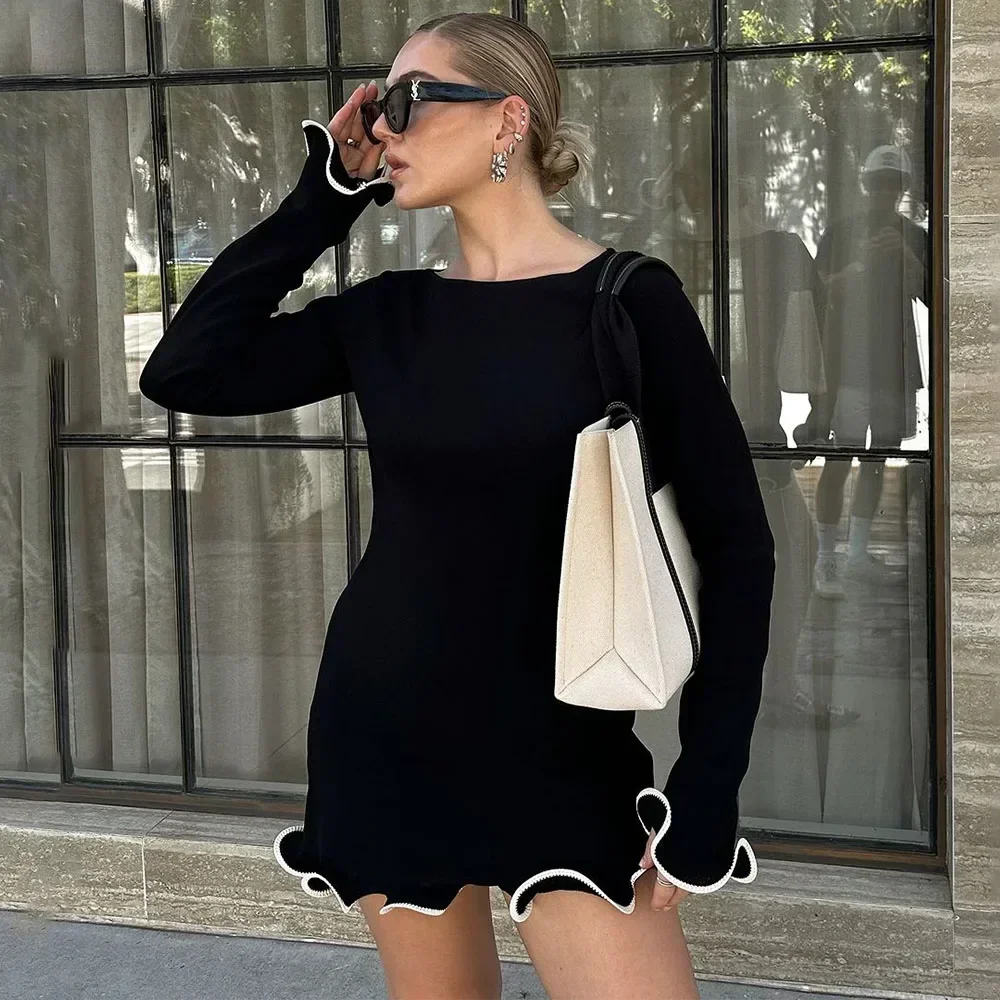 Attention enza-Mini robe noire à volants pour femme, taille haute, manches longues, jupe courte mince sexy, pull d'automne, robe de soirée pour femme