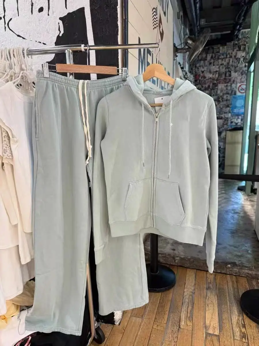 

Однотонные толстовки с капюшоном на молнии, женские осенние короткие верхние костюмы с длинными рукавами и карманами + широкие спортивные штаны на шнурке, повседневные спортивные комплекты