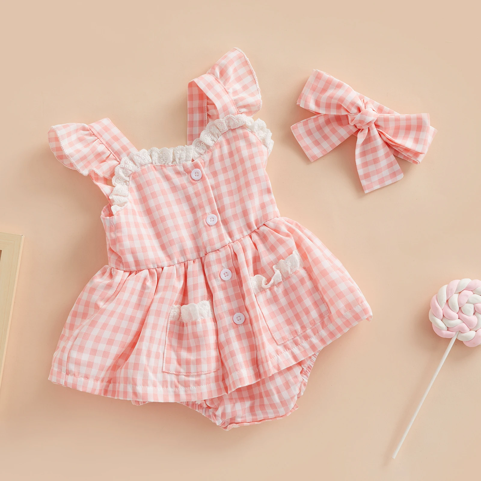 Newborn Baby Girls Romper Dress Plaid Lace Ruffle Jumpsuit Playsuit + Bow Headband Summer Jumpsuits Outfit
