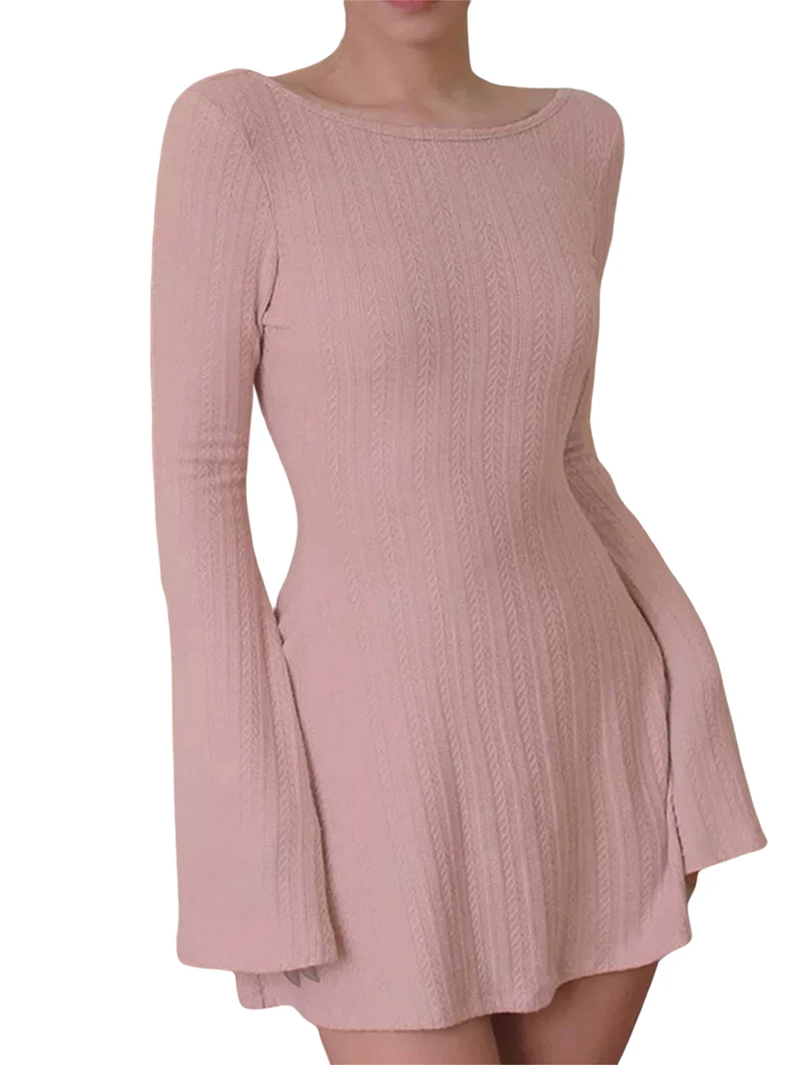 Women Spring Autumn Mini Dress Long Sleeve Crew Neck Backless Solid Color A-line Dress for Party Club