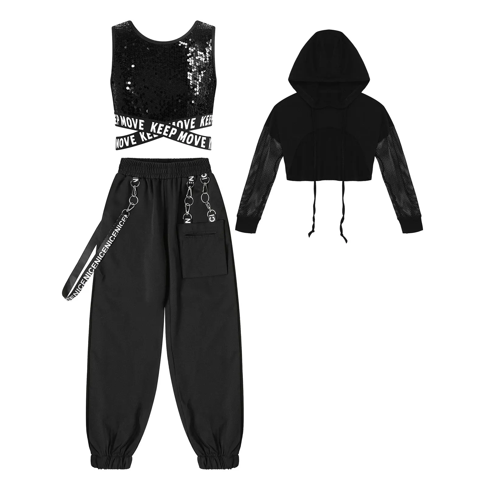 

Kids Girls Hip-hop Street Dance Costumes Sparkling Sequins Vest + Pants + Sheer Mesh Long Sleeve Hoodie Pullover Tops 3Pcs/Set