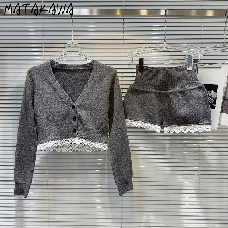 Matakawa Shorts Sets Knitted Lace Patchwork Autumn Winter 2 Pieces Set Women Outfits Grey Retro V Neck Conjunto Feminino