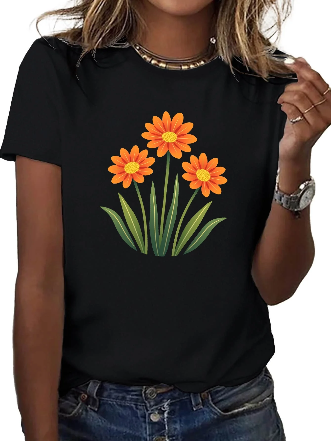 Women'S White Floral Leaf Print Sleeve Round with Vibrant Orange Daisies Green Everyday Wear Comfort Easy Care Stylish Spring