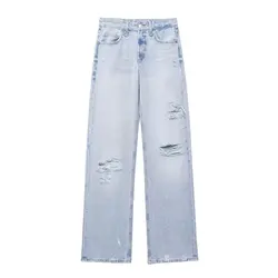 Tangada 2024 Fashion Women Blue Ripped Denim Jeans Pants Trousers Pocket Female Straight Pants 3H0762