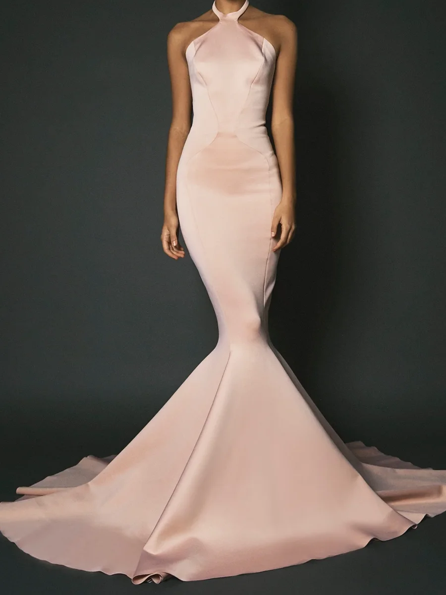 Vestidos de Noche formales de sirena simples sin mangas de satén con cuello Halter rosa clásico vestidos de fiesta de cumpleaños personalizados