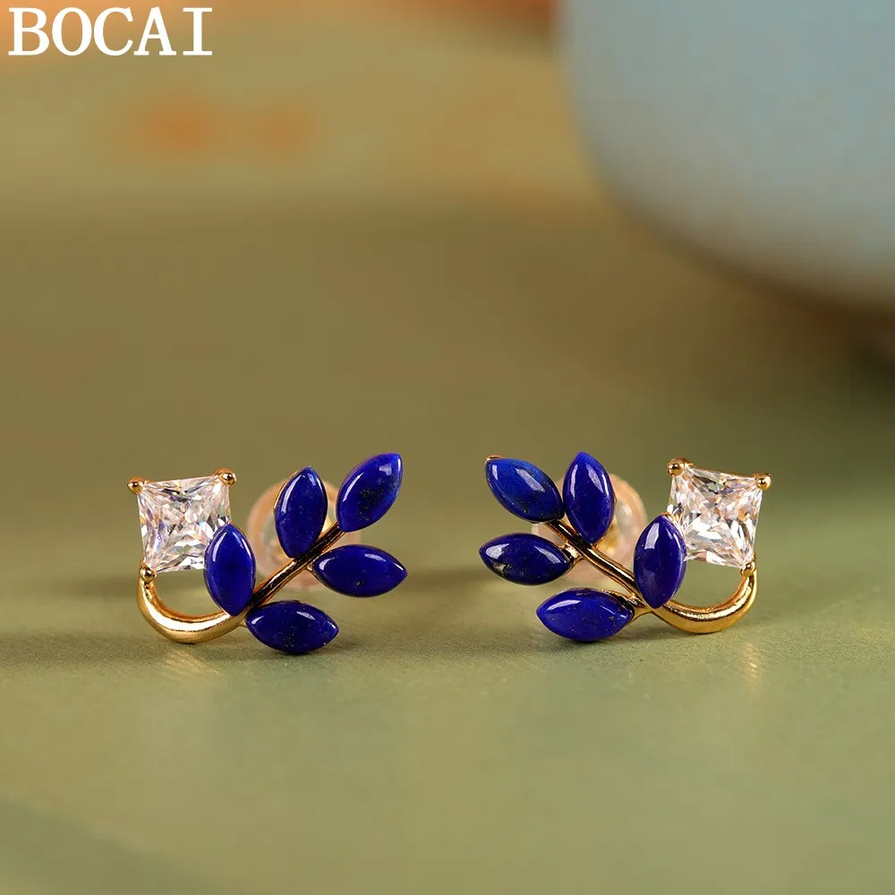 

Серьги BOCAI S925 из стерлингового серебра, модные и роскошные, с позолотой и лазуритом, в форме листа, подарок для женщин.