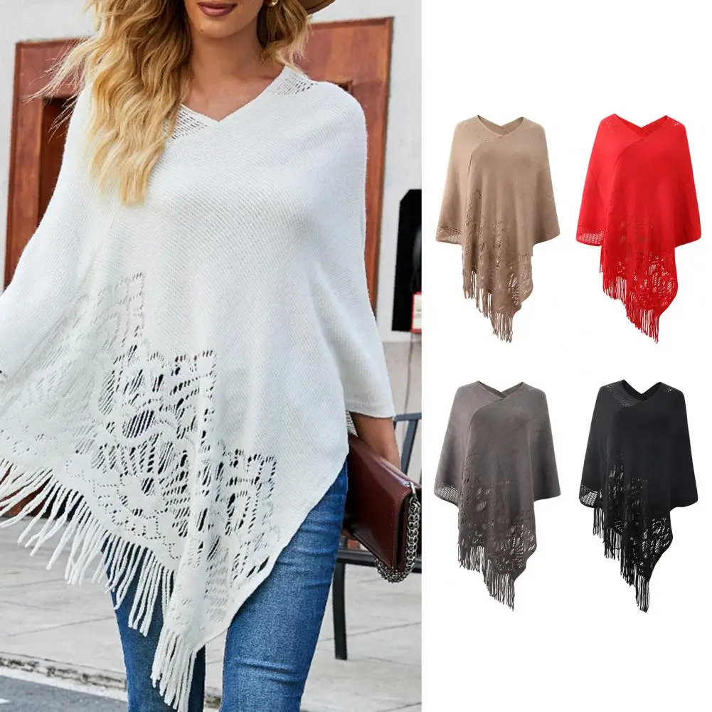 New in Women Cape Knitting Tassel Hollow Out Bohemian Solid Color Loose V Neck Irregular Hem Shawl Fall Poncho