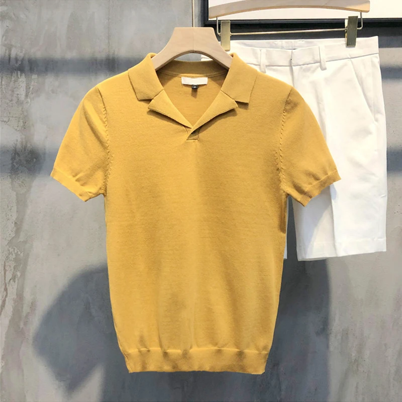 2024 Summer Casual Polo Collar Knit Tops Men Fashion Solid Color Breathable Knitting Polo Shirts Short Sleeve V Neck Mens Polos