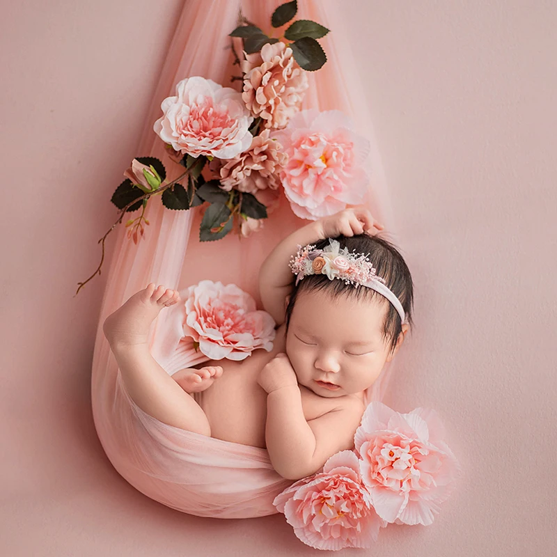 Conjunto de diadema con tema de flor rosa para fotografía de recién nacido, accesorios para fotos de bebé, Fondo de gasa de malla, manta envolvente para bebé de 0 a 1 mes