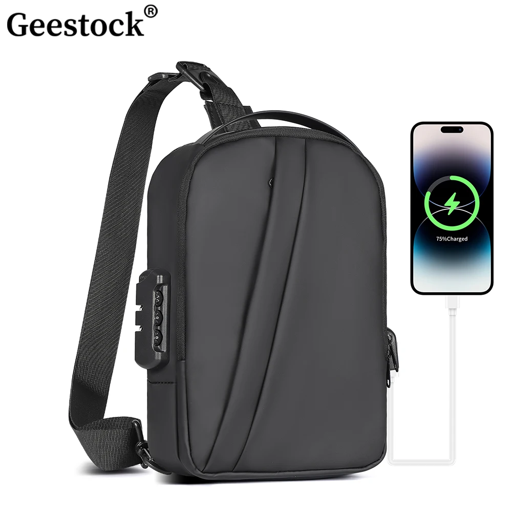 Geestock ผู้ชาย Anti-Theft กระเป๋าหน้าอกมัลติฟังก์ชั่กระเป๋าสะพายข้าง USB ชาร์จกระเป๋าสะพายกระเป๋าเดินทาง Messenger กระเป๋าข้าม