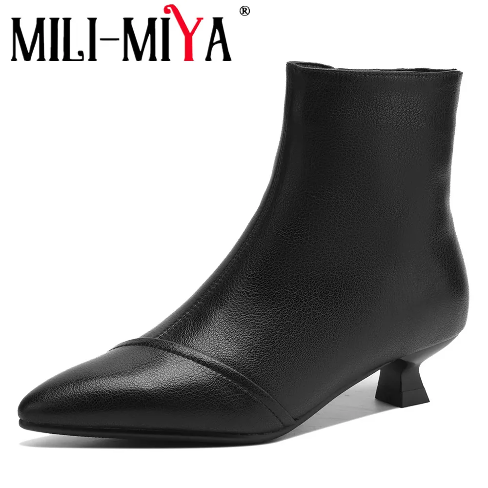 MILI-MIYA Women's Pointed Toe Warm Shearling-Lined Ankle Boots Comfortable Low Heel Extra Large Size 34-42 Winter Snow Boots