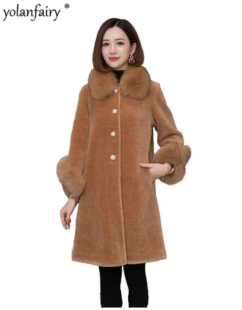 Yolanfairy jaqueta de lã pura casaco de pele feminina meados de longo casacos de lã gola de pele de raposa jaquetas de inverno femininas outono inverno
