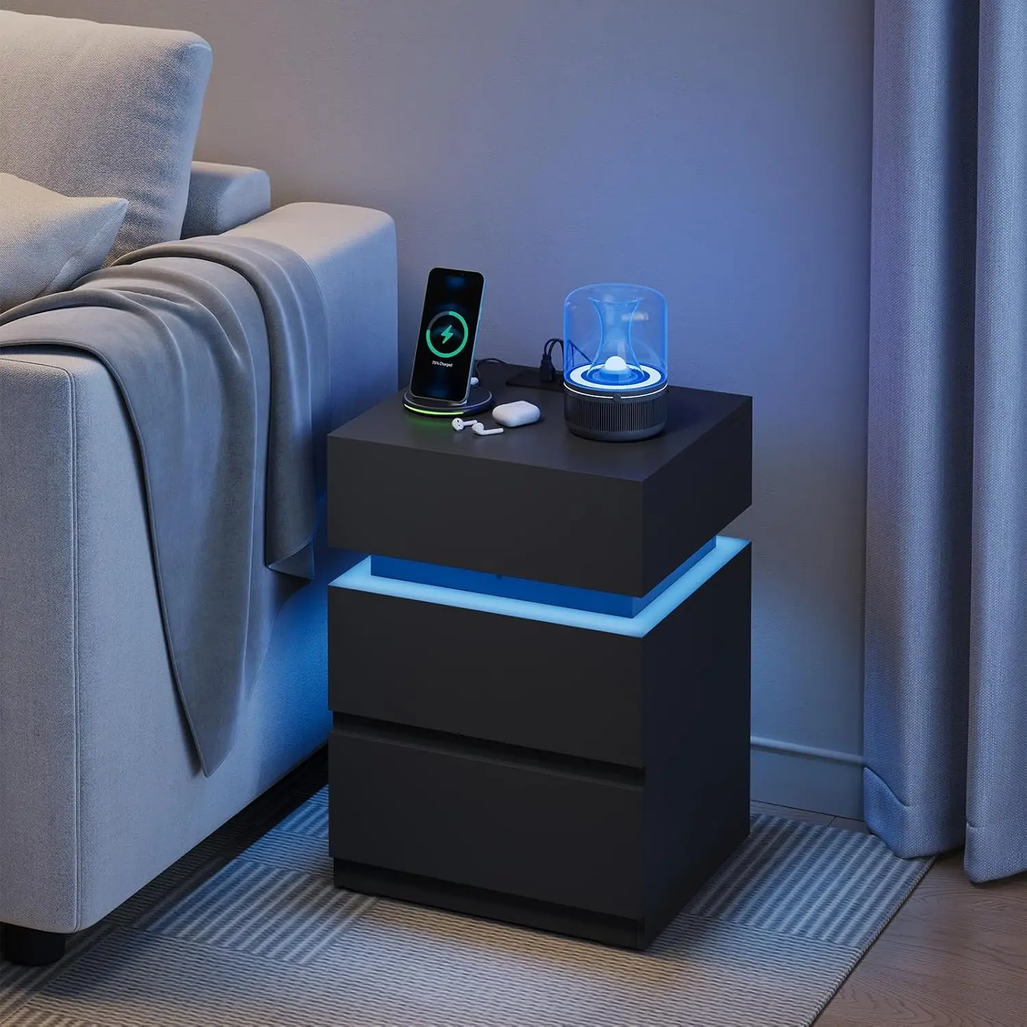 WOLTU Nachttisch, weiß/schwarz, Nachttisch mit LED-Beleuchtung, 2 Schubladen, USB-Ladefunktion, schmaler Sofatisch