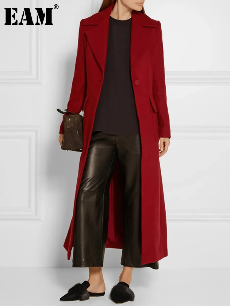 EAM Wine Red Elegant Long Woolen Coat New Lapel Long Sleeve Single Button Women Jacket Fashion Autumn Winter 2025 31A1071