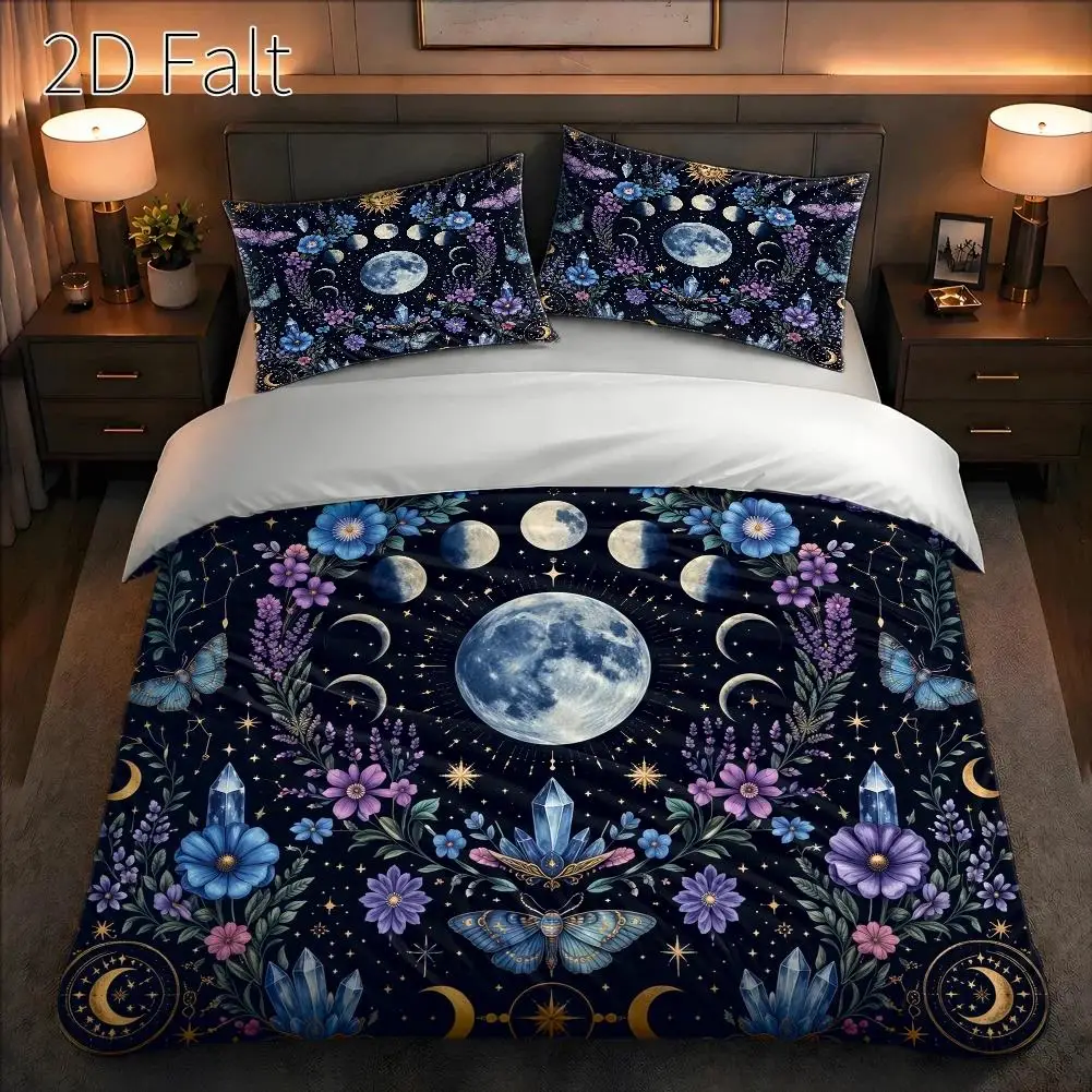 3-Piece Quilt Cover Set, 1 Quilt Cover + 2 Pillowcases (Without Filling) 2D Flat Priting, Three-Piece Quilt Cover Set, Blue Floral Moon Theme, Retro Hand-Painted Style, Halloween, Suitable for All Seasons, Machine Washable, Invisible Zipper, Large Quilt Cover Set, Bedding Set, Skin-Friendly, Breathable, Soft and Comfortable, Does Not Fade or Pill, Suitable for Home/Dormitory/Master Bedroom/Guest Room