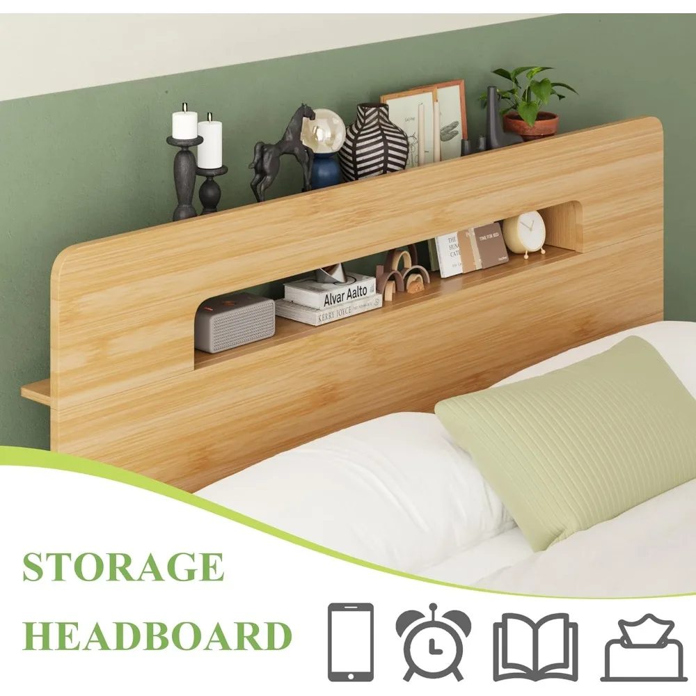 Estrutura de cama de bambu queen size com cabeceira de armazenamento e plataforma de 14 polegadas, sem necessidade de molas, reforçada com aço