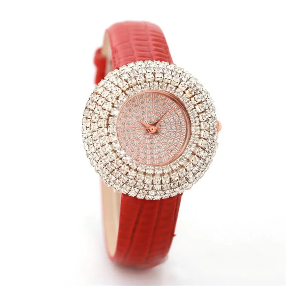 Exquisite Rhinestone Crystal Dial Quartz Wristwatches 4 Fashion Colors Women\'s Watches Leather Band Strap Beauty Lady Best Gifts