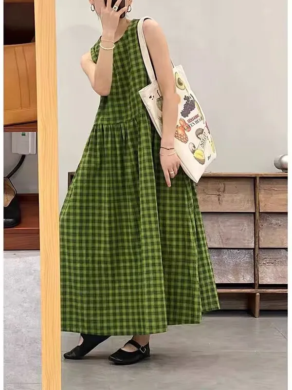 กระโปรงทรงเอวสูงผ้าฝ้ายลายสก็อตสำหรับผู้หญิงไซส์ใหญ่ ดีไซน์สายเดี่ยว ทรงเข้ารูป เหมาะสำหรับใส่ทำงานหรือใส่เที่ยวช่วงฤดูร้อน...