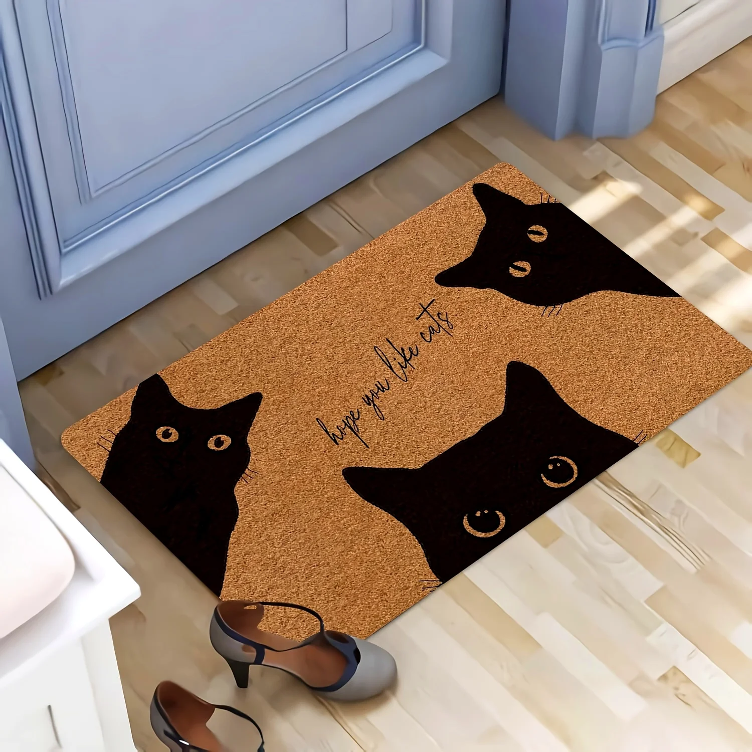Capacho de boas-vindas de gato preto de poliéster – lavável à máquina, impresso "Hope You Like Cats", adequado para porta frontal, interno/externo