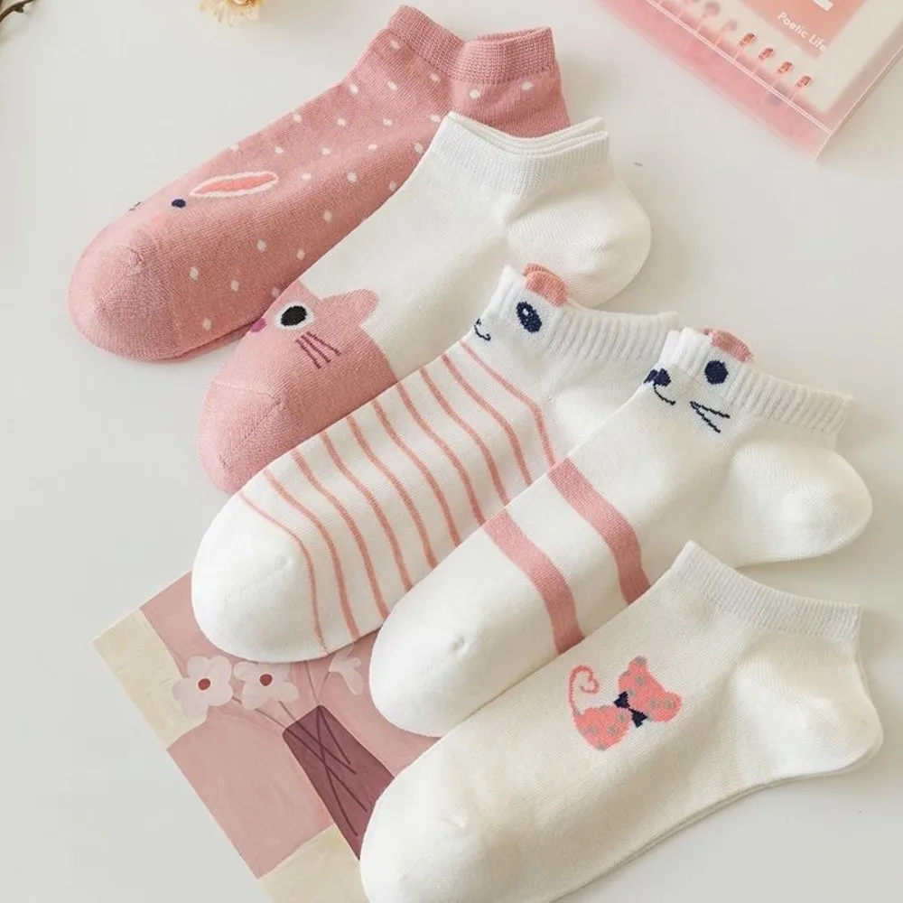 

5Pairs Ins Breathable Short Tube Socks Low Cut Stripe Kawaii Shallow Socks Sweet Cat Bow Boat Socks Gifts