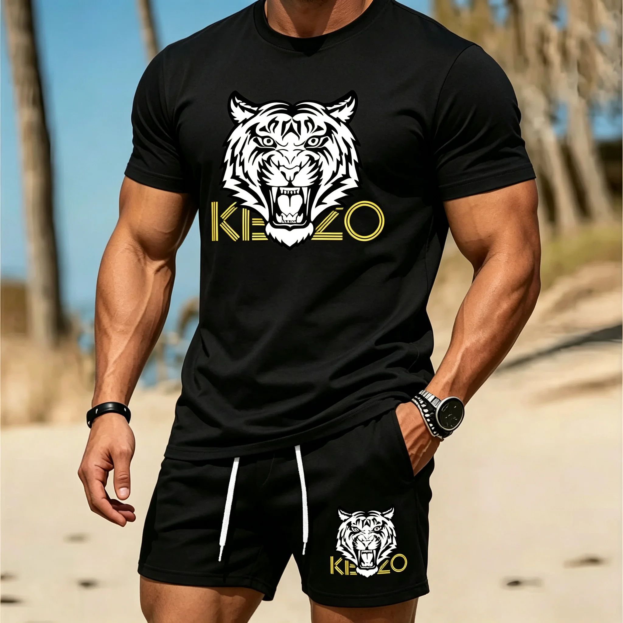 Men Summer Tiger Stripe 2 Piece Tracksuit Breathable Quick Dry Short Sleeve T Shirt Shorts Set Gym Running Sportswear