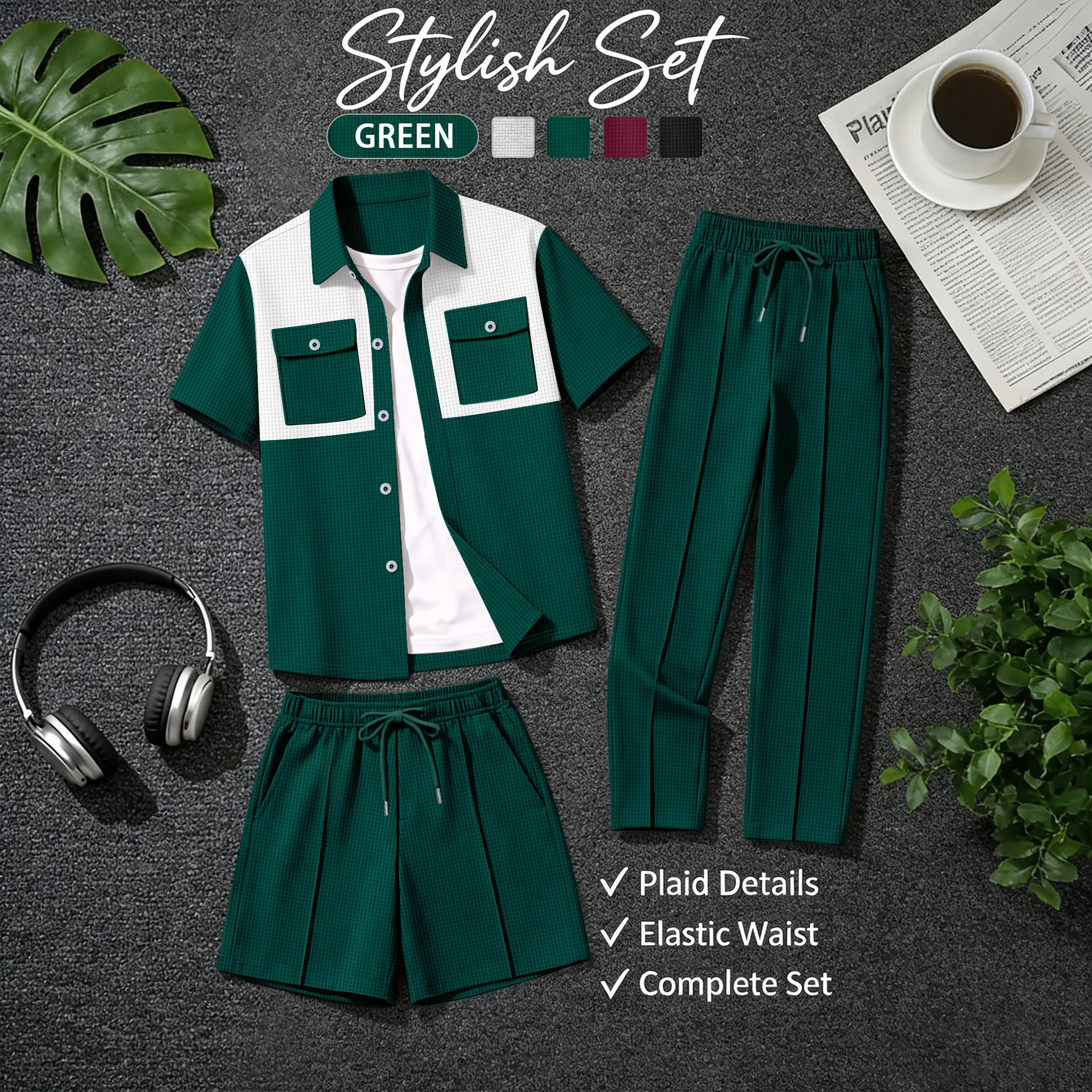New trendy men's checkered three-piece set - color-block shirt, elastic waist pants, drawstring shorts, urban casual outfit comb - Image 4
