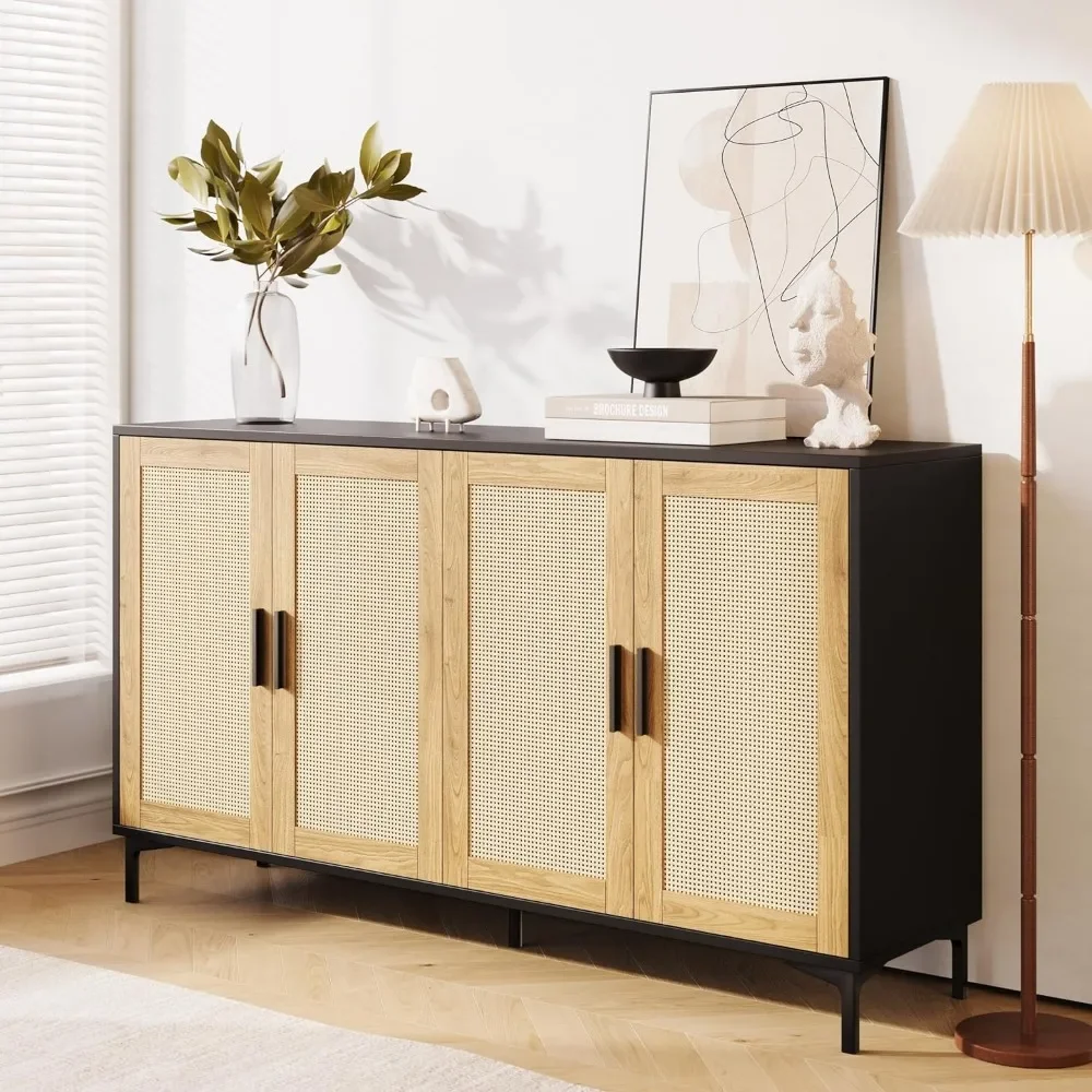 Sideboard - Kitchen Buffet Cabinet with Rattan Decorated Doors, 4 Doors Accent Sideboard Cabinet