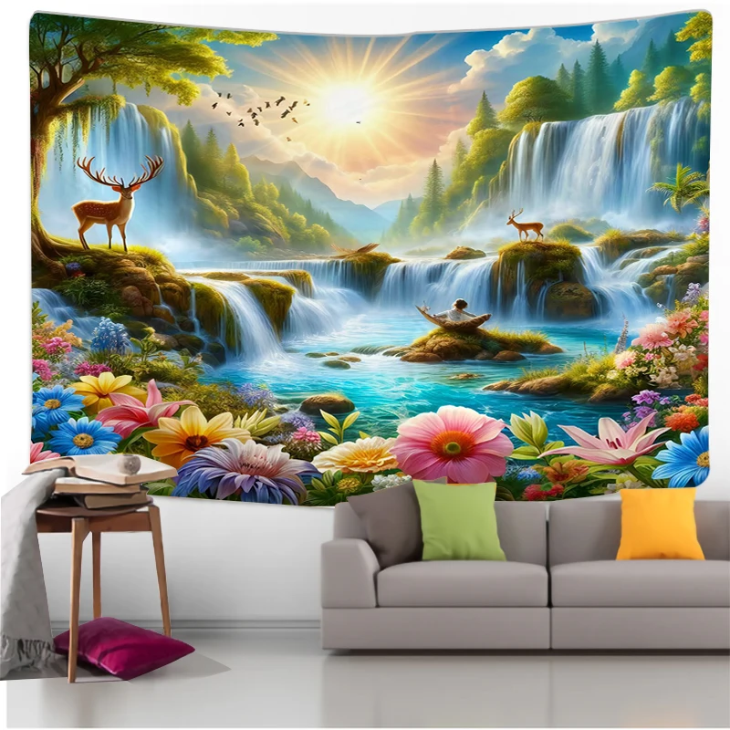 Nature Landscape Wall Tapestry Waterfall And Deer Art Sunny Forest Design Boho Decor For Living Room And Bedroom