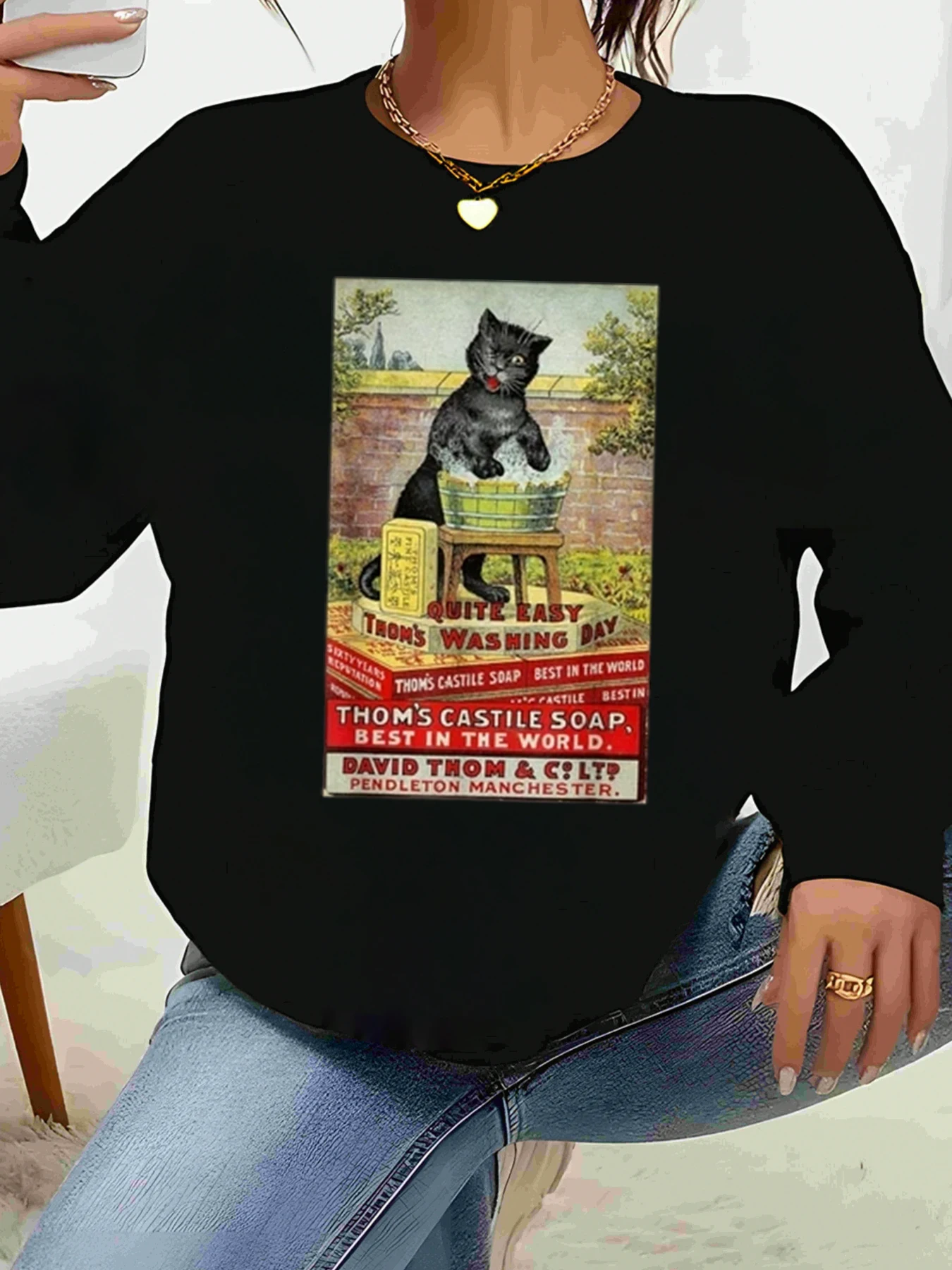 Vintage Cat Washing Day Print Long Sleeve T-Shirt Halloween Casual Wear Women