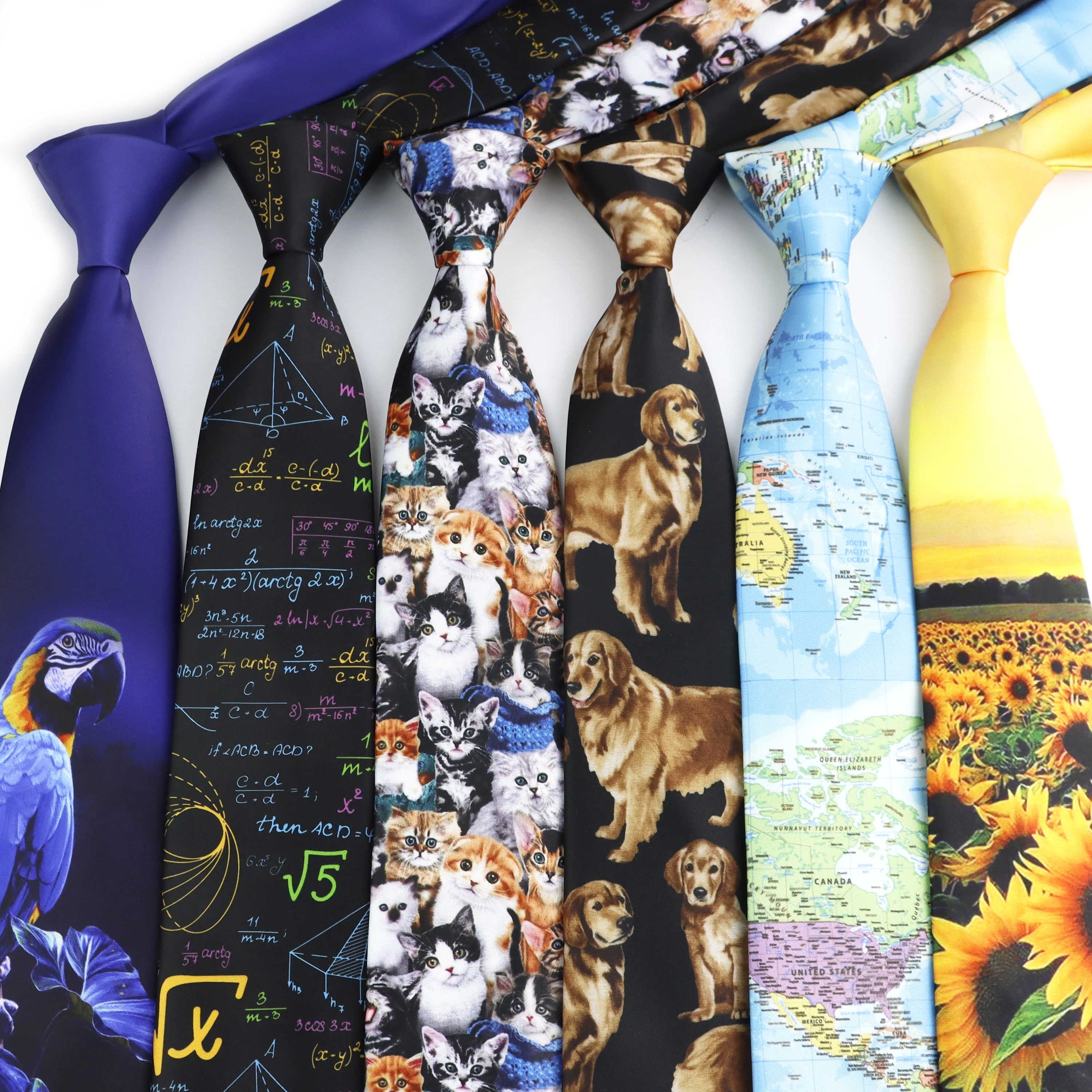 Novelty Soft Silk Men Tie Creative Graffiti Cat Dog Map Math Print Polyester Necktie Casual Party Daily Wear Cravat Accessories