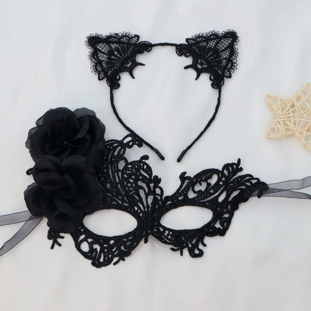 Conjunto de máscara de fantasia sexy meia face máscara de renda máscara de máscaras elegante orelha de gato bandana para dança role play concurso festa de halloween