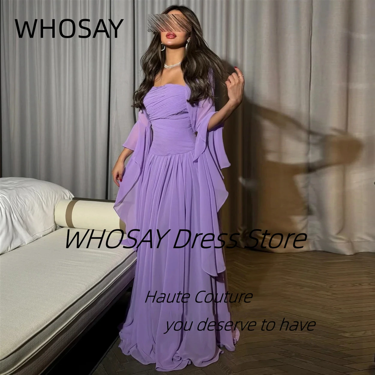 WHOSAY Customized Robes De Soirée Strapless Long Sleeves Jackets Prom Dresses Ruched Chiffon Special Occasion Saudi Evening Gown