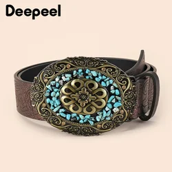 1Pc Deepeel 3.5*105cm Fashion Retro Ethnic Sytle Belt Women's Wide Belts Luxury Stone Buckles Embossed Decorative DressWaistband