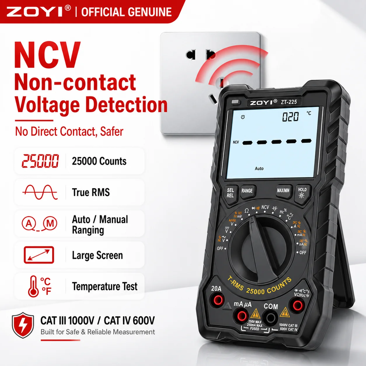 ZOYI ZT-225 25000 Counts High Precision Auto Range Digital Multimeter Anti-Burn for Electrician Home Circuit Maintenance