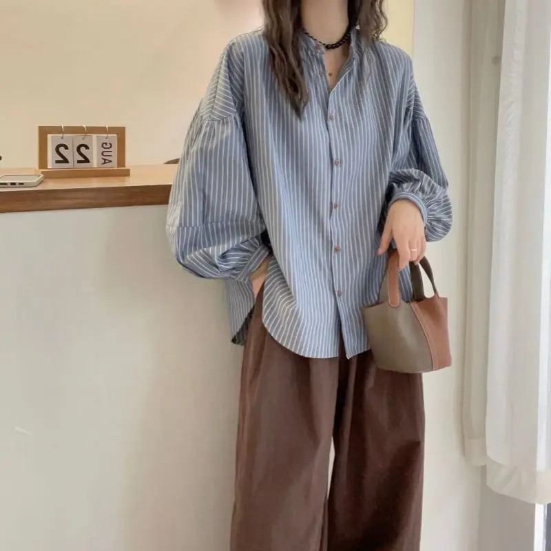 Asymmetrical Striped Loose Shirt Tops Spring Autumn New Button Long Sleeve Street Casual Blouse Fashion Vintage Women Clothing