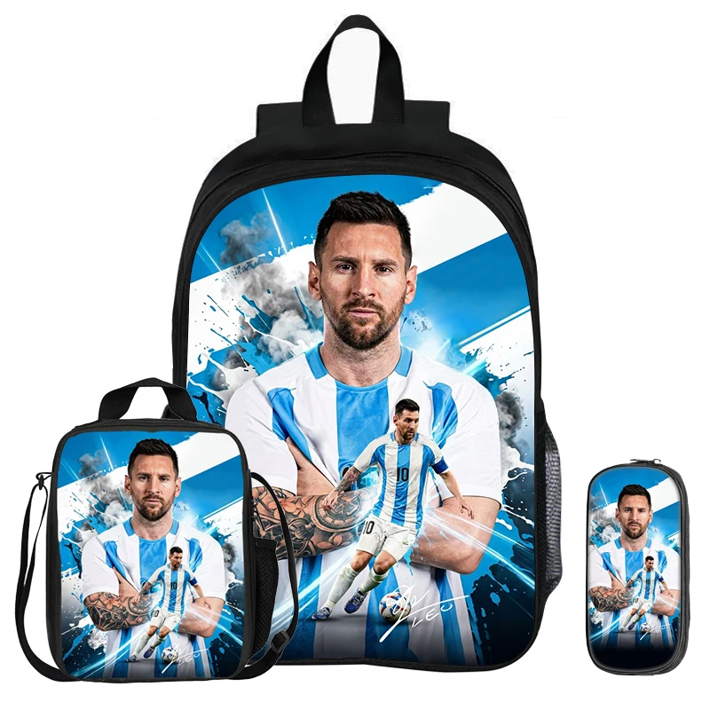 3Pcs Set Backpack M-Messi School Football Star with Lunch bag Sports Knapsack child Rucksack Pencil Bags Bookbag Kids Gift