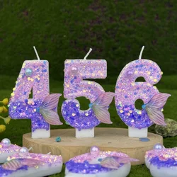 Purple Mermaid Tail Glitter 0-9 Number Candle Birthday Party Candle for Girls Cake Decoration Starfish Number 4 Candle
