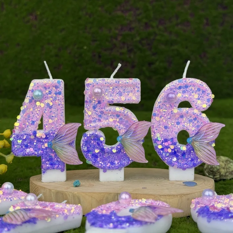 Purple Mermaid Tail Glitter 0-9 Number Candle Birthday Party Candle for Girls Cake Decoration