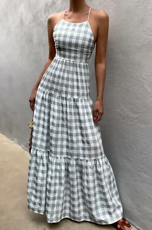 Pop Green and white checkered backless camisole maxi dress in vacation style