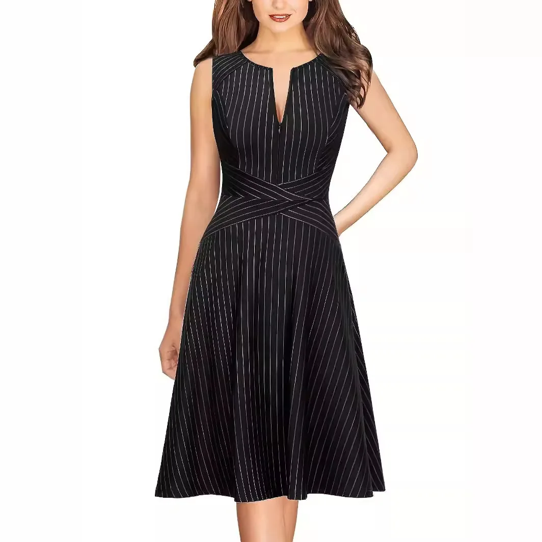 Women Summer Colorblock Sleeveless Work Office Lady Elegant Dress Sexy V-Neck Front Zipper Slim Waist A-Line Swing Dresses