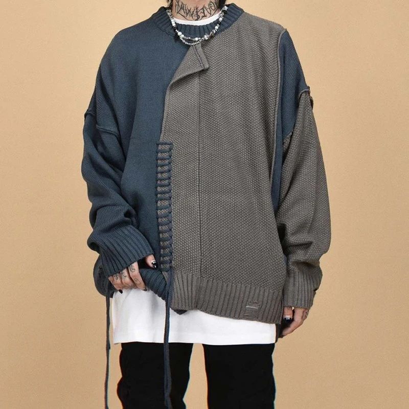 Y2K Mens Sweater Patchwork Drawstring Design Knitted Pullover Men Oversize O Neck Long Sleeve Sweaters Autumn Fashion Men Jumper