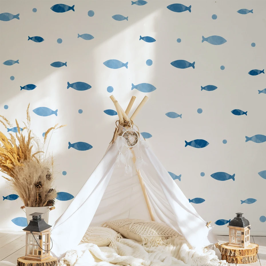 Blue Fish Vinyl Naklejka ścienna do pokoju dziecięcego Kreskówka Łazienka DIY Naklejki Ocean Fish Scene Nursery Decoration Art