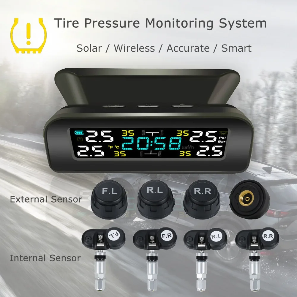 

Universal Smart Solar TPMS Tire Pressure Sensor Car Tire Pressure Monitoring System with 4 Wheel Internal External Sensors TMPS